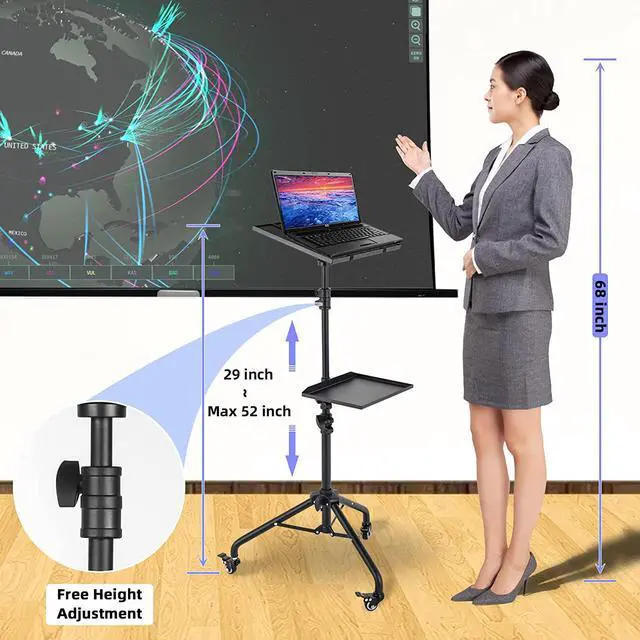 Alt view image 2 of 7 - Projector Stand Tripod on Wheels,Projector Tripod Stand Adjustable Height 29 to 52 Inch,with Removable Mouse Tray and Phone Holder,Portable Laptop Tripod Stand