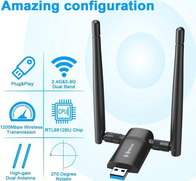 Alt view image 6 of 6 - Wireless USB WiFi Adapter for PC - Nineplus 1200Mbps Dual 5Dbi Antennas 5G/2.4G WiFi Adapter for Desktop PC Laptop Windows11/10/8/8.1/7/Vista/XP, Wireless Adapter for Desktop Computer Network Adapters