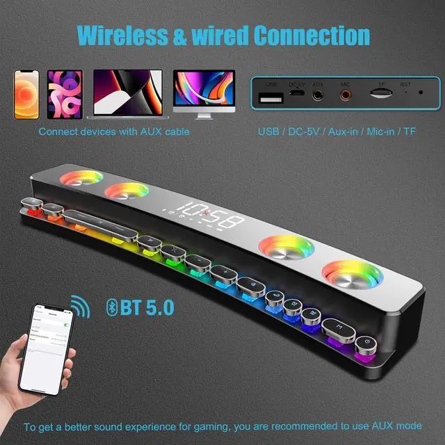 Alt view image 4 of 7 - Computer Speakers, Dynamic RGB PC Gaming Speakers Soundbar Desktop Sound Bar with Subwoofer Bluetooth, 19" PC Soundbar Battery Powered Laptop, Gaming Monitor 3.5mm AUX-in