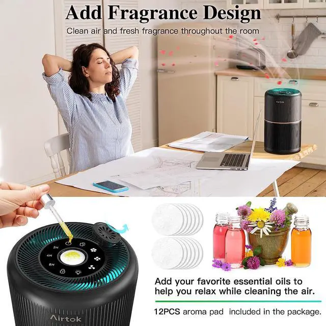 Alt view image 4 of 7 - Air Purifier for Home Bedroom with Fragrance Sponges | 4-In-1 H13 True HEPA Air Filter for Smoke Dust Pollen Pet Dander Odors,99.97% Removal to 0.1 Microns | Ozone-Free, Night Light,Black