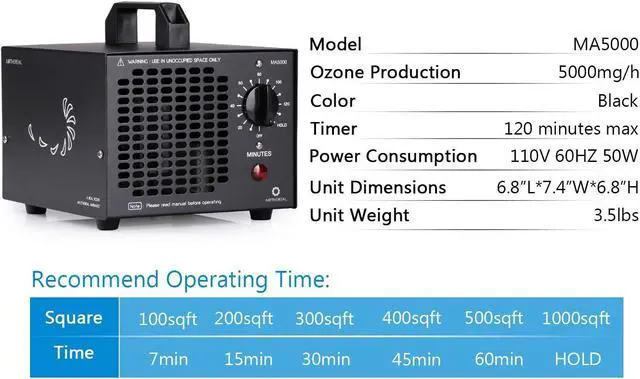 Alt view image 5 of 7 - AIRTHEREAL MA5000 Commercial Ozone Generator, 5000mg/h O3 Machine Home Air Ionizers Deodorizer for Rooms, Smoke, Cars and Pets, Black