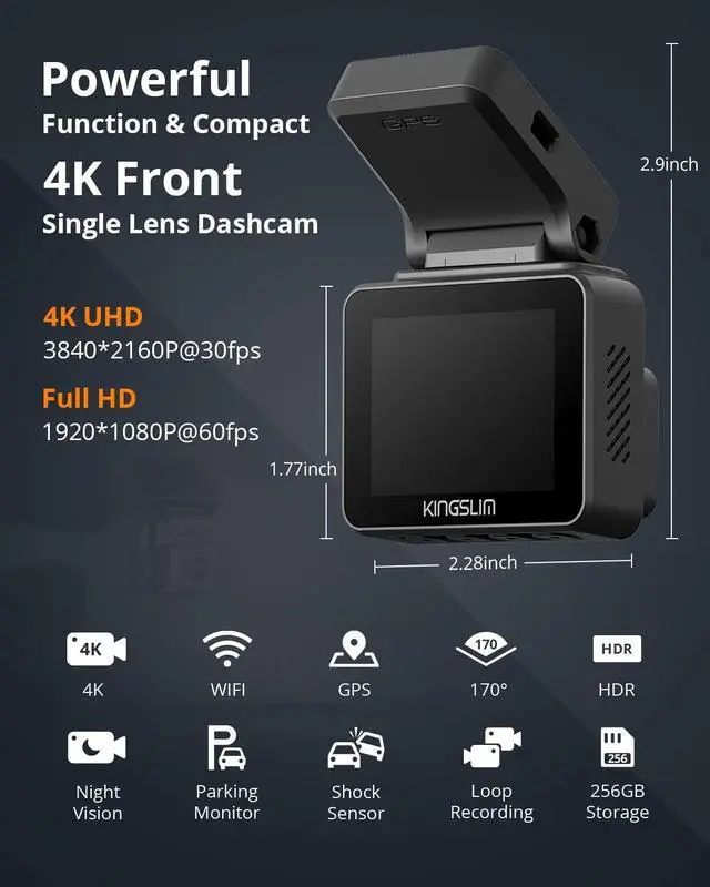 Alt view image 2 of 7 - Kingslim D5-4K Dash Cam with WiFi - Front Dash Camera for Cars with GPS and Speed, Sony Night Vision, Support APP and 256GB Max
