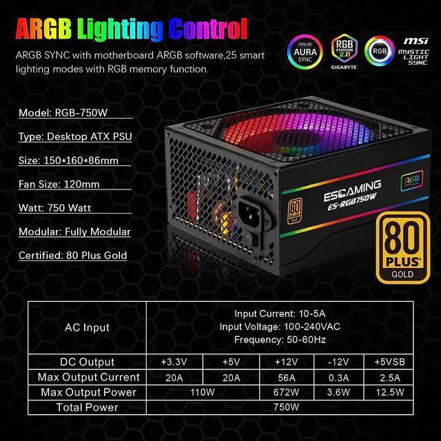 Alt view image 3 of 7 - ESGAMING Power Supply 750 Watt, 80+ Gold Certified, Fully Modular RGB Power Supply, ATX 12V Active PFC Power Supply