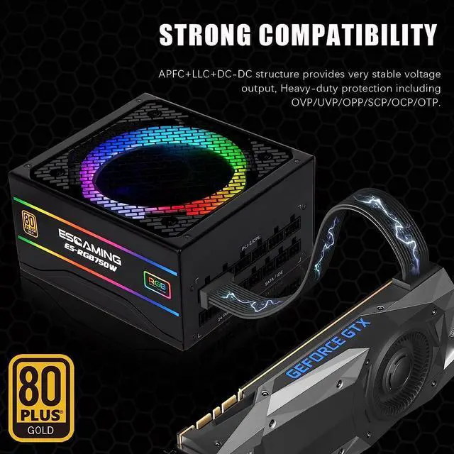 Alt view image 5 of 7 - ESGAMING Power Supply 750 Watt, 80+ Gold Certified, Fully Modular RGB Power Supply, ATX 12V Active PFC Power Supply