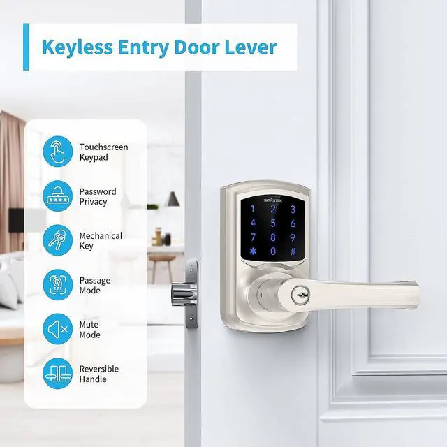 Alt view image 2 of 7 - Signstek Keyless Entry Door Lock,Digital Smartcode Lock for Front Door,Keypad with Handle and Security Key,Touchscreen,Easy Installation,  Satin Nickel