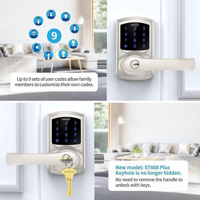 Alt view image 5 of 7 - Signstek Keyless Entry Door Lock,Digital Smartcode Lock for Front Door,Keypad with Handle and Security Key,Touchscreen,Easy Installation,  Satin Nickel