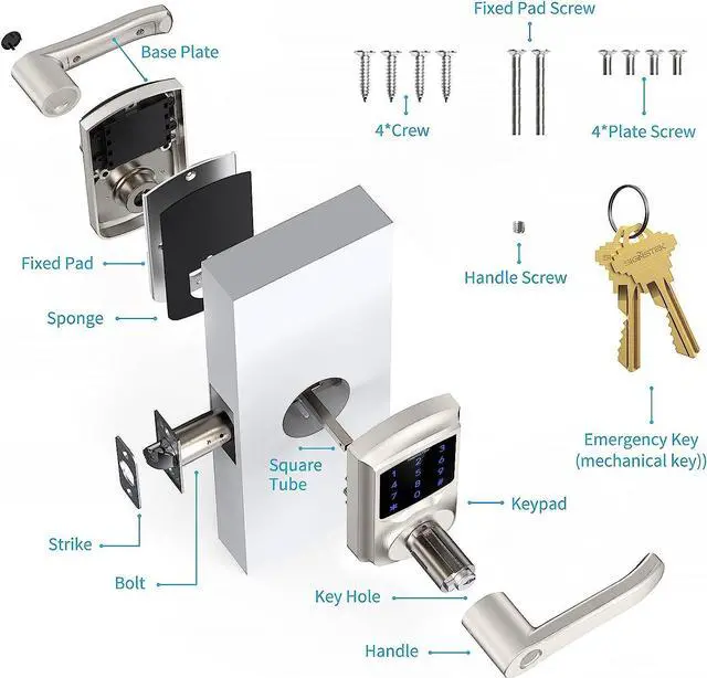 Alt view image 7 of 7 - Signstek Keyless Entry Door Lock,Digital Smartcode Lock for Front Door,Keypad with Handle and Security Key,Touchscreen,Easy Installation,  Satin Nickel