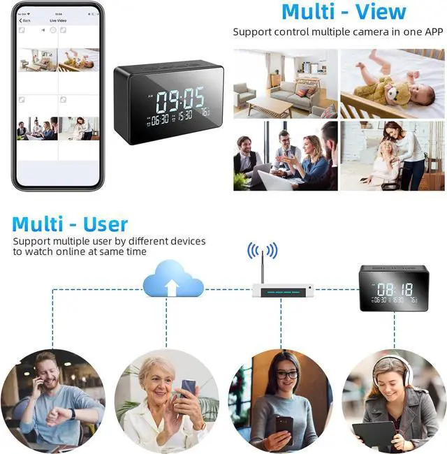 Alt view image 6 of 7 - Hidden Camera Clock, 1080P WiFi Streaming Spy Camera with Night Vision Sits in Small Desk Alarm Clock, 120° View Angle Nanny Cam with Remote View, Motion Detection Alert, Video Recording (2.4G Only)