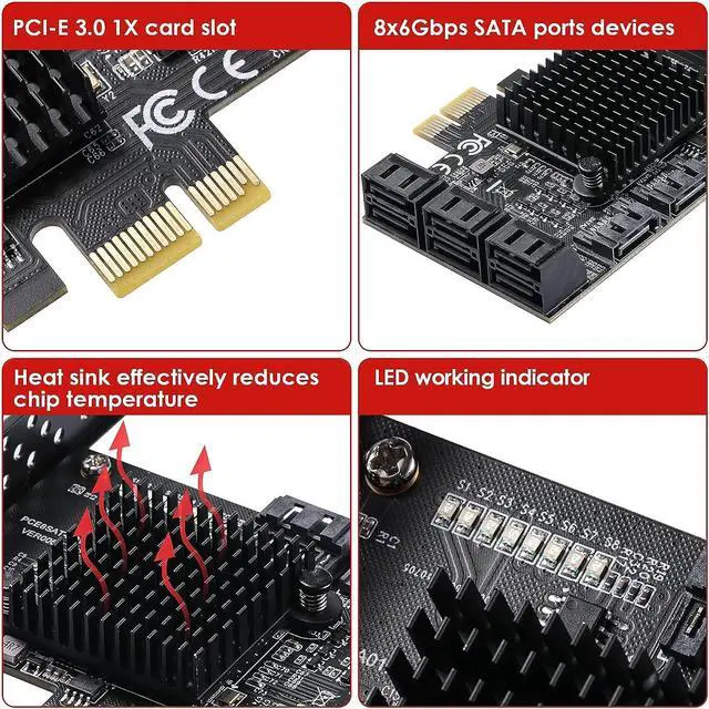 Alt view image 2 of 7 - PCIe SATA Card 8 Port with 8 SATA Cables and Low Profile Bracket, 6Gbps SATA 3.0 PCIe Card,Support 8-Port SATA PCI-E 3.0 GEN3 Devices