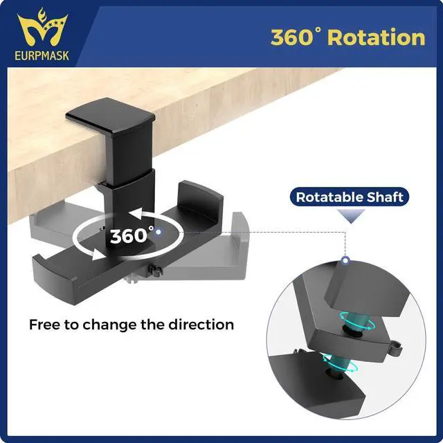 Alt view image 3 of 7 - PC Gaming Headphone Stand,Dual Headset Hanger Hook Holder with Adjustable & Rotating Arm Clamp,Under Desk Design,Universal Fit,Built in Cable Clip Organizer EURPMASK
