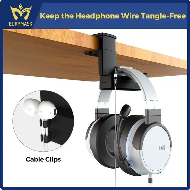 Alt view image 5 of 7 - PC Gaming Headphone Stand,Dual Headset Hanger Hook Holder with Adjustable & Rotating Arm Clamp,Under Desk Design,Universal Fit,Built in Cable Clip Organizer EURPMASK
