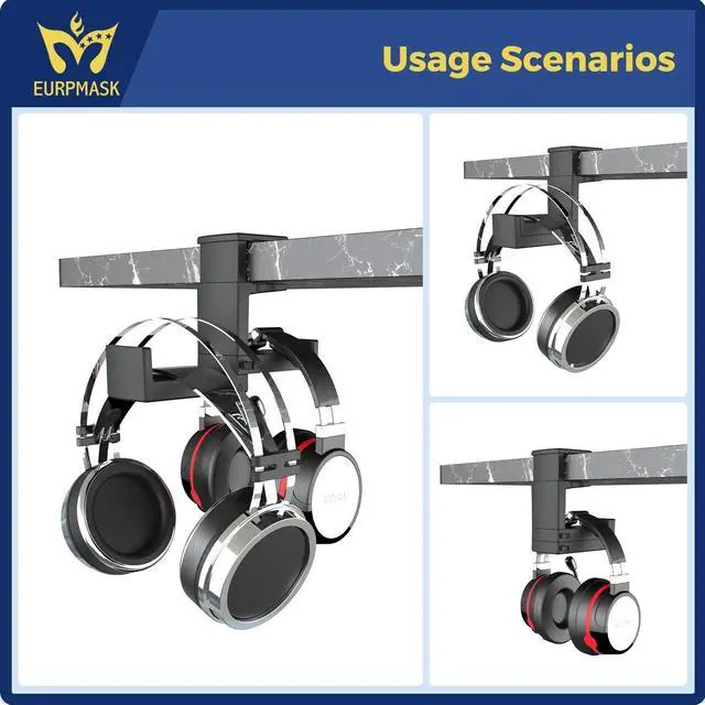 Alt view image 7 of 7 - PC Gaming Headphone Stand,Dual Headset Hanger Hook Holder with Adjustable & Rotating Arm Clamp,Under Desk Design,Universal Fit,Built in Cable Clip Organizer EURPMASK