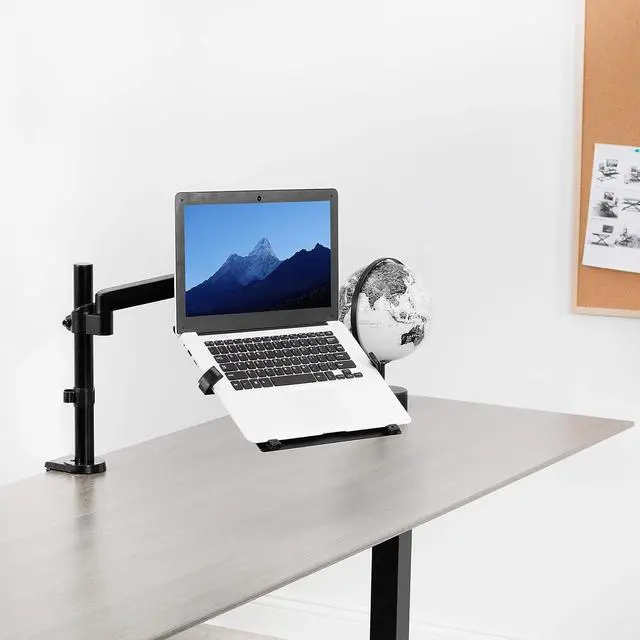 Alt view image 2 of 7 - Universal Adjustable 10 to 15.6 inch Laptop Holder Desk Mount, Single Pneumatic Arm VESA Notebook Stand with C-clamp and Grommet Options, Black, STAND-V101L
