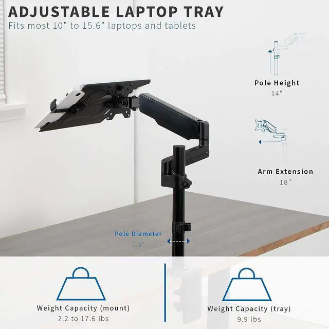 Alt view image 3 of 7 - Universal Adjustable 10 to 15.6 inch Laptop Holder Desk Mount, Single Pneumatic Arm VESA Notebook Stand with C-clamp and Grommet Options, Black, STAND-V101L