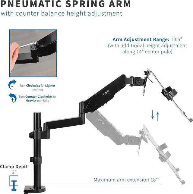 Alt view image 6 of 7 - Universal Adjustable 10 to 15.6 inch Laptop Holder Desk Mount, Single Pneumatic Arm VESA Notebook Stand with C-clamp and Grommet Options, Black, STAND-V101L