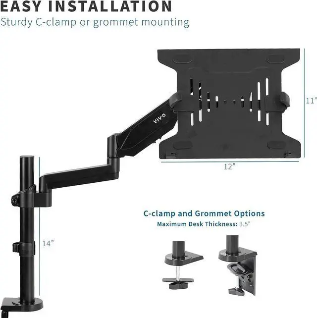 Alt view image 7 of 7 - Universal Adjustable 10 to 15.6 inch Laptop Holder Desk Mount, Single Pneumatic Arm VESA Notebook Stand with C-clamp and Grommet Options, Black, STAND-V101L