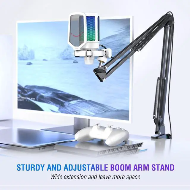 Alt view image 5 of 6 - Streaming Gaming USB Microphone Kit, PC Condenser RGB Mic on PS4/PS5, Plug and Play for Music Recording, Online Game, Discord, Twitch, with Pop Filter, Shock Mount-A6T White