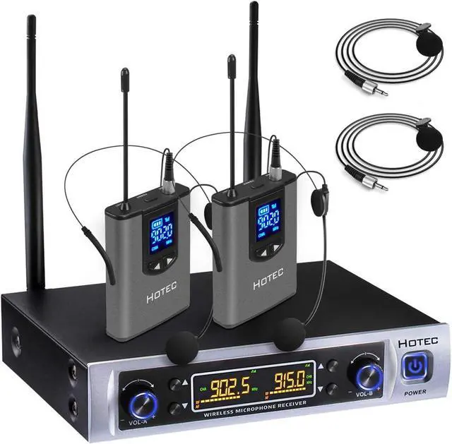 Main image of UHF Dual Wireless Microphone System with Lapel Lavalier and Headset Microphones Over PA, Mixer, Speaker, Karaoke Machine for Church, Training, Classroom, Interview (H-K25)