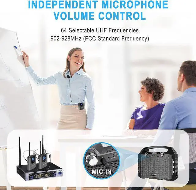 Alt view image 2 of 7 - UHF Dual Wireless Microphone System with Lapel Lavalier and Headset Microphones Over PA, Mixer, Speaker, Karaoke Machine for Church, Training, Classroom, Interview (H-K25)