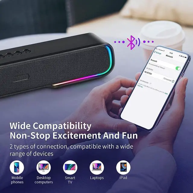 Alt view image 4 of 7 - Computer Speaker Sound Bar - Wired & Wireless Bluetooth 5.0 Surround Bass Audio, Black Smart Home Speakers with AUX TFcard Connection - Best Theater Loud Speaker for PC TV Desktop & Room