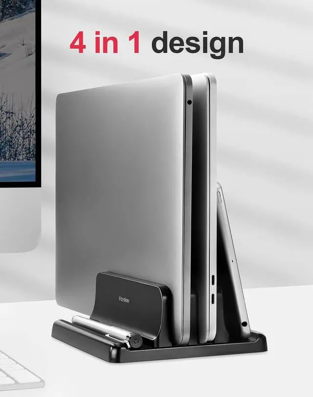 Alt view image 2 of 7 - Vertical Laptop Stand for Desk, Dual Slots Plastic Laptop Holder with Space Saving 4-in-1 Design, Adjustable Laptop Stand Supports MacBook, Chromebook, Surface, Dell (5.98 x 5.51 x 2.17 inch)