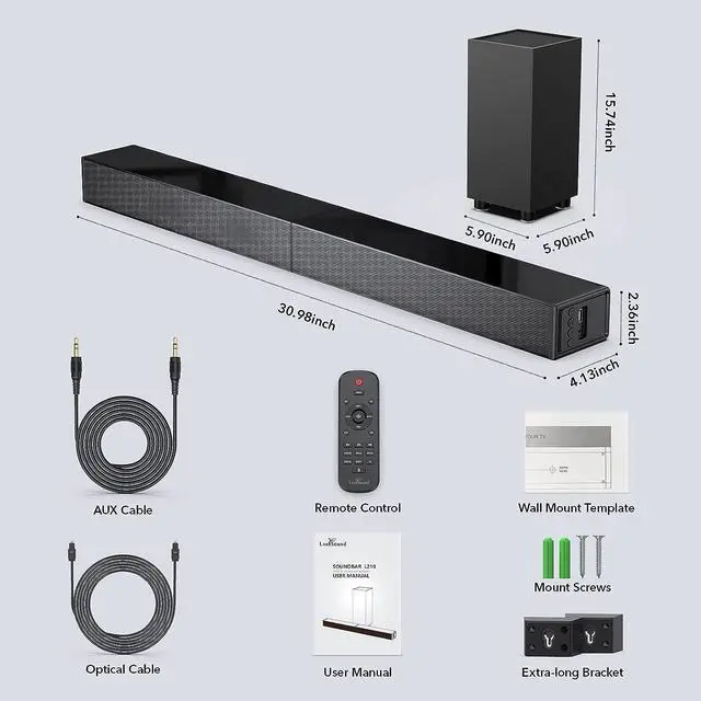 Alt view image 7 of 7 - 2.1 Sound Bar with Subwoofer, Soundbar for TV, Surround Sound System with Bluetooth/HDMI ARC/Optical/AUX/USB, 31 Inch