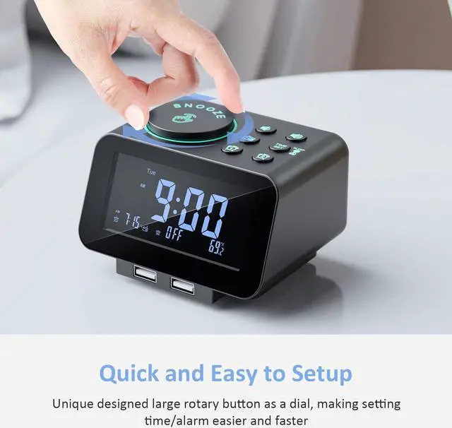 Alt view image 5 of 7 - Digital Alarm Clock Radio - 0-100% Dimmer, Dual Alarm with Weekday/Weekend Mode, 6 Sounds Adjustable Volume, FM Radio w/Sleep Timer, Snooze, 2 USB Charging Ports, Thermometer, Battery Backup