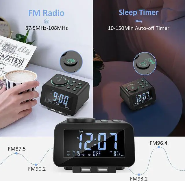 Alt view image 4 of 7 - Digital Alarm Clock Radio - 0-100% Dimmer, Dual Alarm with Weekday/Weekend Mode, 6 Sounds Adjustable Volume, FM Radio w/Sleep Timer, Snooze, 2 USB Charging Ports, Thermometer, Battery Backup
