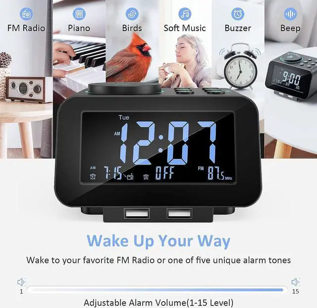 Alt view image 6 of 7 - Digital Alarm Clock Radio - 0-100% Dimmer, Dual Alarm with Weekday/Weekend Mode, 6 Sounds Adjustable Volume, FM Radio w/Sleep Timer, Snooze, 2 USB Charging Ports, Thermometer, Battery Backup