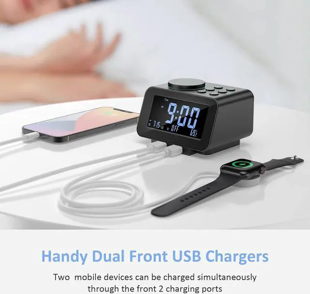Alt view image 7 of 7 - Digital Alarm Clock Radio - 0-100% Dimmer, Dual Alarm with Weekday/Weekend Mode, 6 Sounds Adjustable Volume, FM Radio w/Sleep Timer, Snooze, 2 USB Charging Ports, Thermometer, Battery Backup