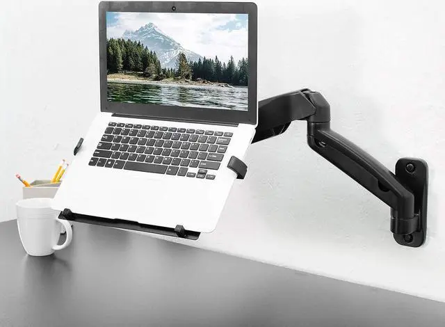 Alt view image 2 of 7 - Height Adjustable Pneumatic Extended Arm Laptop Wall Mount, Full Motion Articulating Notebook Tray, Fits 10 to 15.6 inch Screen, Black, MOUNT-V001GL