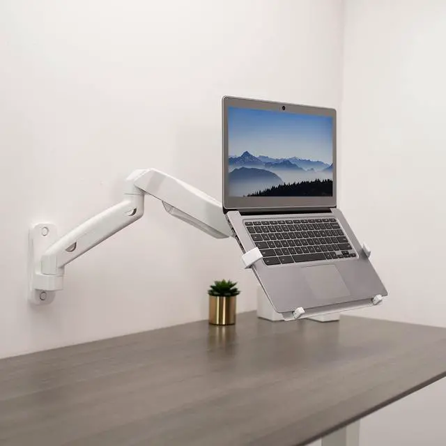 Alt view image 2 of 7 - Height Adjustable Pneumatic Extended Arm Laptop Wall Mount, Full Motion Articulating Notebook Tray, Fits 10 to 15.6 inch Screen, White, MOUNT-V001GLW