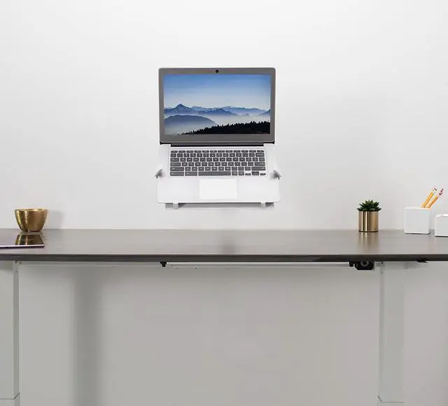 Alt view image 4 of 7 - Height Adjustable Pneumatic Extended Arm Laptop Wall Mount, Full Motion Articulating Notebook Tray, Fits 10 to 15.6 inch Screen, White, MOUNT-V001GLW