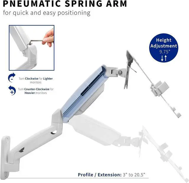 Alt view image 3 of 7 - Height Adjustable Pneumatic Extended Arm Laptop Wall Mount, Full Motion Articulating Notebook Tray, Fits 10 to 15.6 inch Screen, White, MOUNT-V001GLW
