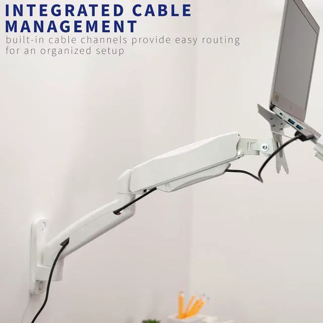 Alt view image 7 of 7 - Height Adjustable Pneumatic Extended Arm Laptop Wall Mount, Full Motion Articulating Notebook Tray, Fits 10 to 15.6 inch Screen, White, MOUNT-V001GLW