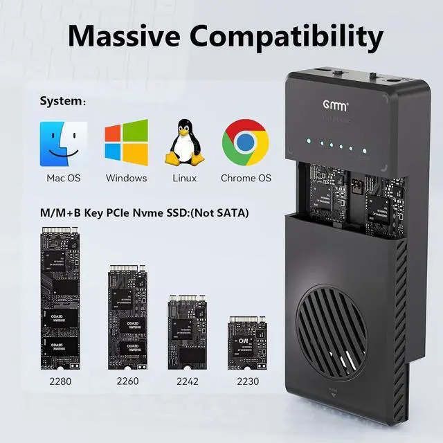 Alt view image 5 of 7 - M.2 Duplicator Dual-Bay Clone Enclosure, Tool-Free USB to NVME Adapter with Cooling Fan, 10Gbps Docking Station NVMe Enclosure Support Offline Cloning and Duplicator for M2 2230/2242/2260/2280