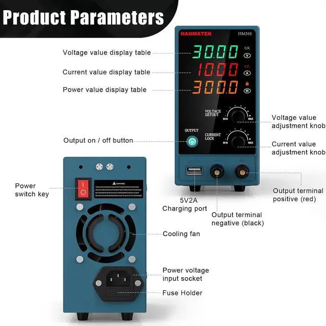 Alt view image 3 of 7 - Adjustable DC Power Supply (0-30 V 0-10 A) with Output Enable/Disable Button HANMATEK HM310 Mini Variable Switching Digital Bench Power Supply with USB Charging