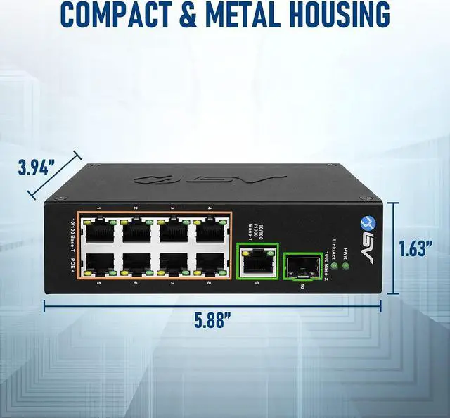 Alt view image 6 of 7 - BV-Tech 8 Port PoE Switch with 1 Gigabit Uplink and Industrial DIN Rail - Power Over Ethernet Network Switch for IP Cameras, VoIP Phones, Wireless APs - IEEE802.3af/at, Wide Temperature Range