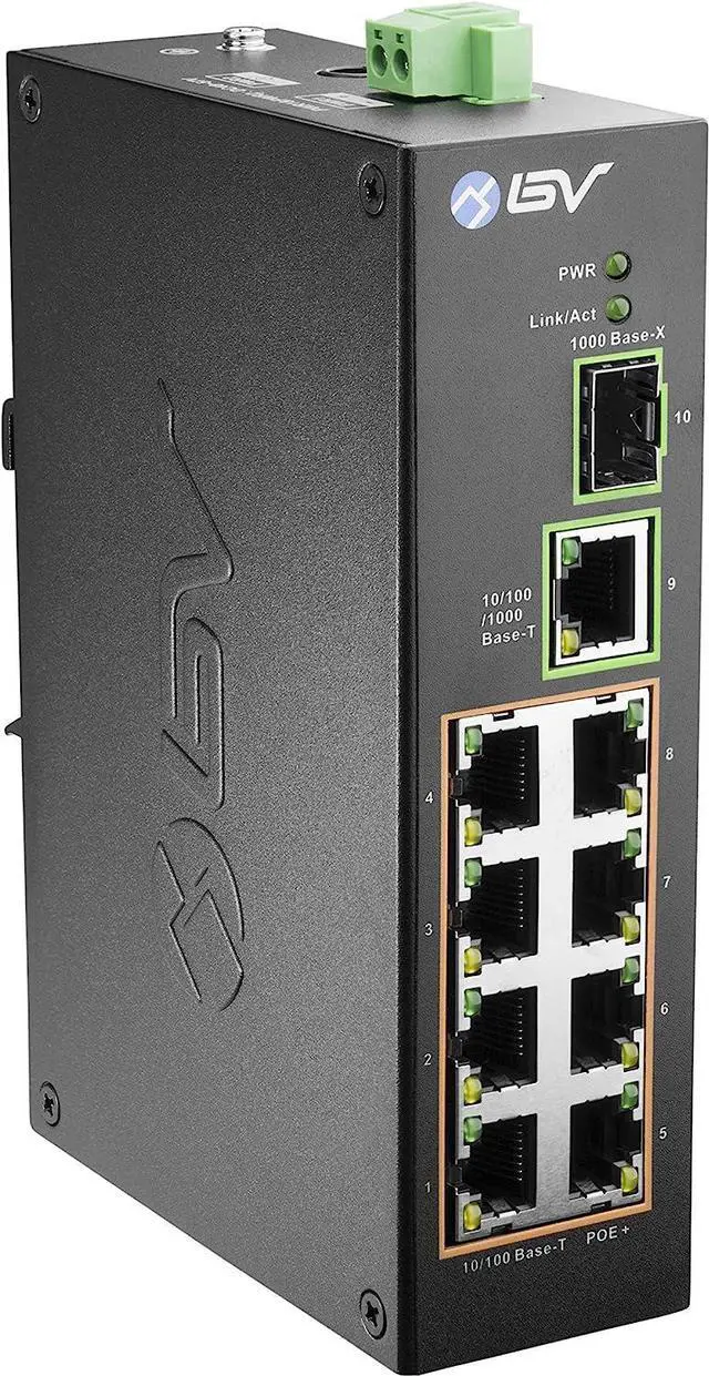 Main image of BV-Tech 8 Port PoE Switch with 1 Gigabit Uplink and Industrial DIN Rail - Power Over Ethernet Network Switch for IP Cameras, VoIP Phones, Wireless APs - IEEE802.3af/at, Wide Temperature Range