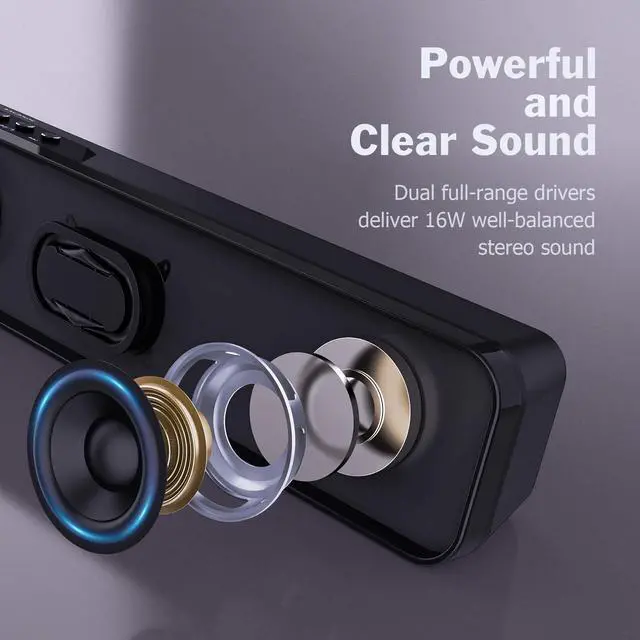 Alt view image 2 of 7 - Computer Speaker, Sound bar with 16W Stereo Sound and Enhance Bass, 20 Hours Playtime, Bluetooth 5.0, Aux-in, USB Disk, and TF Card Input, PC Speaker for Desktop, Laptop, Tablets, Phone, Gaming