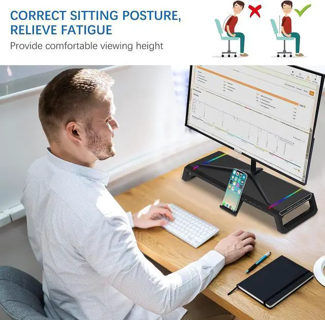 Alt view image 2 of 6 - Monitor Stand RGB Gaming Lights with 4 USB 2.0, Foldable Computer Screen Riser with Storage Drawer and Phone Holder, Desk Organizer Shelf, for PC/Laptop/iMac - Black