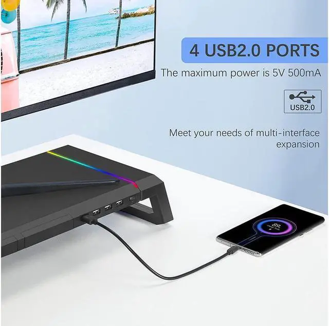 Alt view image 4 of 6 - Monitor Stand RGB Gaming Lights with 4 USB 2.0, Foldable Computer Screen Riser with Storage Drawer and Phone Holder, Desk Organizer Shelf, for PC/Laptop/iMac - Black
