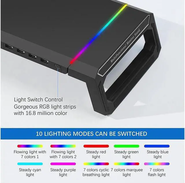 Alt view image 5 of 6 - Monitor Stand RGB Gaming Lights with 4 USB 2.0, Foldable Computer Screen Riser with Storage Drawer and Phone Holder, Desk Organizer Shelf, for PC/Laptop/iMac - Black