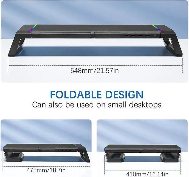 Alt view image 6 of 6 - Monitor Stand RGB Gaming Lights with 4 USB 2.0, Foldable Computer Screen Riser with Storage Drawer and Phone Holder, Desk Organizer Shelf, for PC/Laptop/iMac - Black