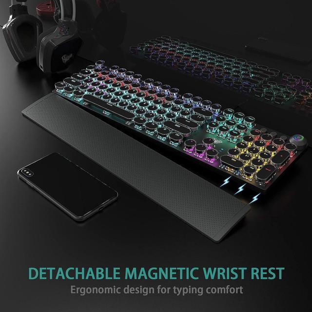 Alt view image 4 of 7 - F2088 Typewriter Style Mechanical Gaming Keyboard Blue Switches,Rainbow LED Backlit,Removable Wrist Rest,Media Control Knob,Retro Punk Round Keycaps,USB Wired Computer Keyboard