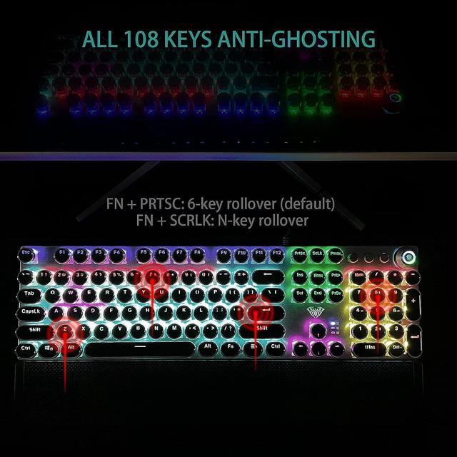 Alt view image 6 of 7 - F2088 Typewriter Style Mechanical Gaming Keyboard Blue Switches,Rainbow LED Backlit,Removable Wrist Rest,Media Control Knob,Retro Punk Round Keycaps,USB Wired Computer Keyboard