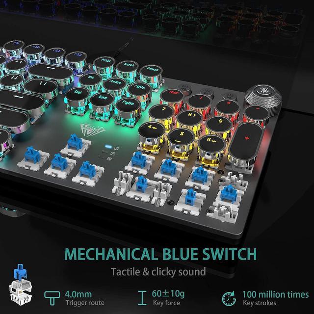 Alt view image 5 of 7 - F2088 Typewriter Style Mechanical Gaming Keyboard Blue Switches,Rainbow LED Backlit,Removable Wrist Rest,Media Control Knob,Retro Punk Round Keycaps,USB Wired Computer Keyboard