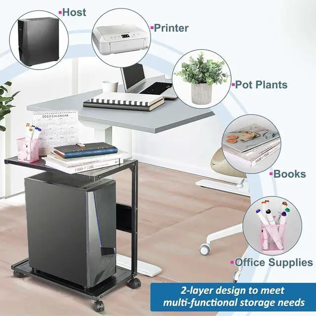Alt view image 5 of 6 - Computer Tower Stand, Iron PC Stand 2-Tier CPU Stand with Locking Caster Wheels Suitable for Most PC (L)