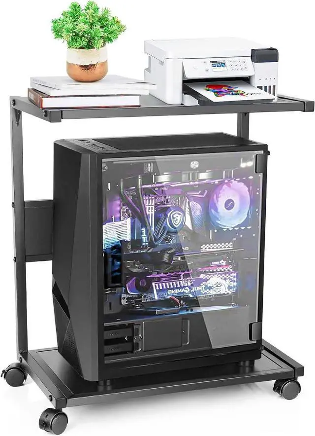 Main image of Computer Tower Stand, Iron PC Stand 2-Tier CPU Stand with Locking Caster Wheels Suitable for Most PC (L)