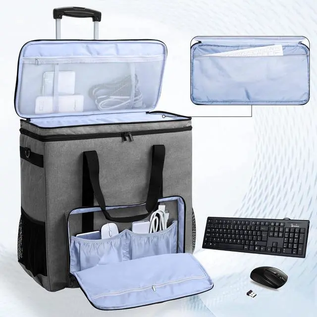 Alt view image 2 of 7 - CURMIO Rolling Desktop Computer Carrying Case with Wheels, Double Layers Computer Tower Travel Bag with Detachable Dolly for PC Chassis, Keyboard and Mouse, Gray (Bag Only, Patented Design)